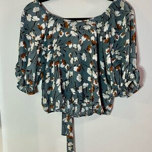 Sienna Sky Floral Puff Sleeve Blouse - Teal and White